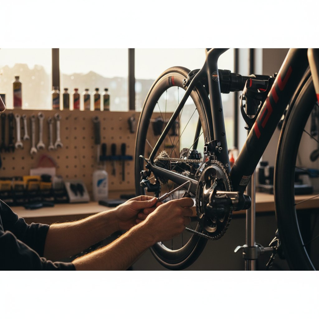 Professional bicycle repair workshop in London with mechanics servicing road and mountain bikes